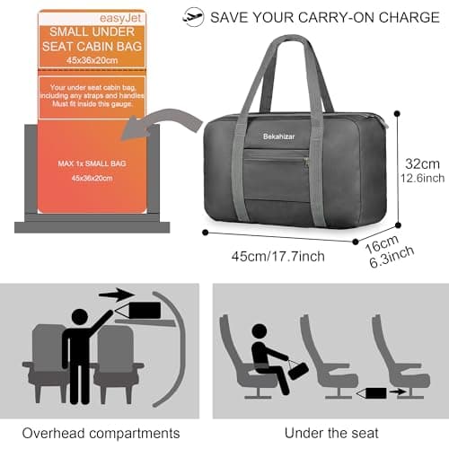 for Easyjet Airlines Cabin Bags 45x36x20 Underseat Travel Cabin Bag 25L Carry on Hand Luggage Weekend Holdall Bag for Men and Women (Black) — view 2