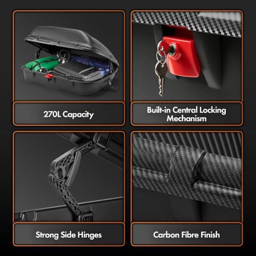 VonHaus Car Roof Box 270L – Weather Resistant Storage Carrier with Carbon Fibre Effect Finish & UV Resistant – 9.5 Cubic Feet with Central Locking System & Universal Fixing for Travel & Luggage — view 6