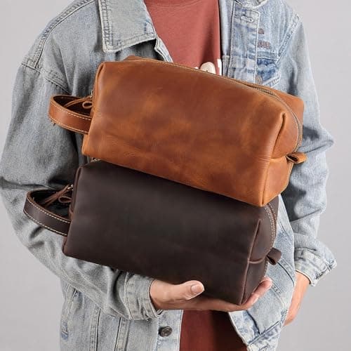 Genuine Crazy Horse Leather Power Bank Pouch -, Cables, Toiletries 4.1 x 5.3 inches, Durable & Stylish Carry Case, 0.55" (Brown) — view 6
