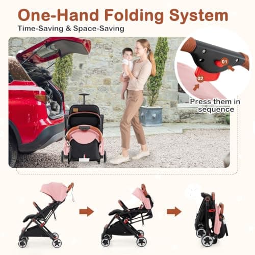 Foldable Baby Stroller, Lightweight Toddler Travel Pushchair for Airplane, Compact Infant Buggy with 5-Point Harness, Adjustable Backrest Footrest Canopy, Storage Basket (Coral Pink) — view 5