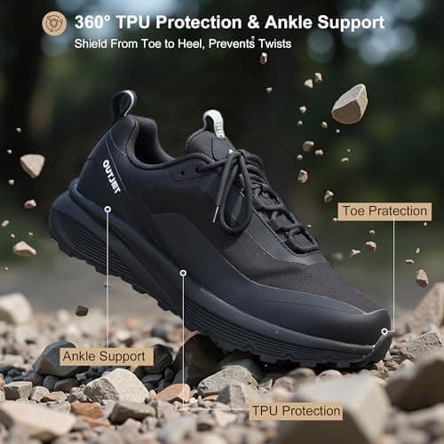 OUTJET Men's Waterproof Lightweight Cushioned Walking & Hiking Shoes – Anti-Slip Outdoor Trainers Black — view 6