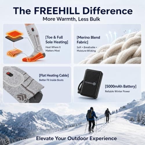 FREEHILL Merino Wool Rechargeable Heated Socks, Full Sole Heating (Grey, M) — view 2
