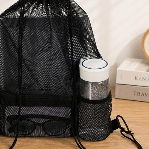Bruislard 2 Pcs Mesh Drawstring Backpack Bag Heavy Duty Nylon Net Bags with Zipper Pocket Multifunction Mesh Bag Beach Bags for Gym Swimming Beach Toys Clothes — view 6