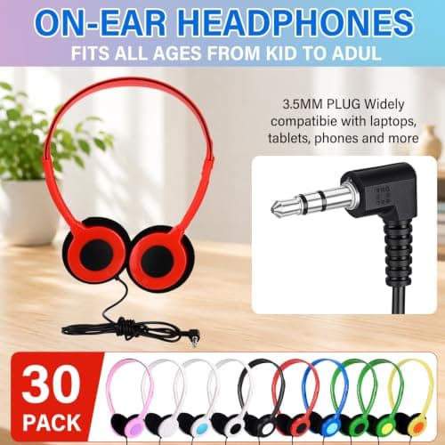 Konohan 30 Pack Bulk Wired On-Ear Headphones with 3.5mm Jack Adjustable Lightweight Individually Wrapped Headphones for Students Classroom School Library Office Travel (Multi-Color) — view 2