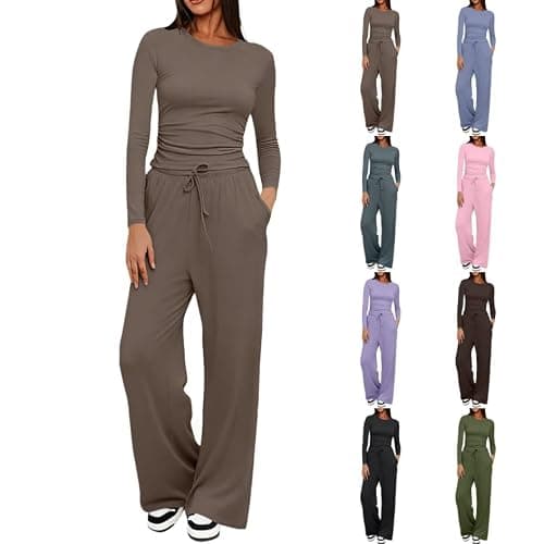 Ladies Tracksuit Sets Khaki 2 Piece Long Sleeve Round Neck Crop Top Side Pocket Wide Leg Trousers Co Ords Sets Lounge Wear Sets for Women UK Travel Loungewear Autumn Outfits Size XL