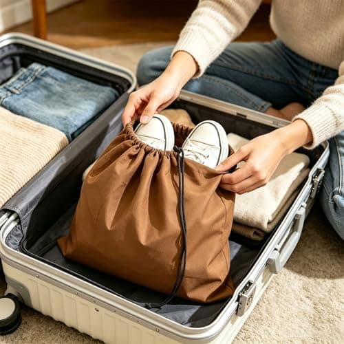 Compact Travel Shoe Organiser for Clean Storage of Equipment on Weekend Trips Business Trips - Improved Lightweight Portable Shoe Bag with Drawstring for (Brown, 45 x 35 cm) — view 5