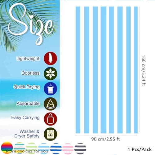 Large Microfibre Beach Towel for Adult,160x90cm Double Side Sand Free Beach Towel,Blue Striped Lightweight Quick Dry Travel Swim Towel with Bag,Compact and Thin Sports Towel Yoga Gym for Women Men — view 2