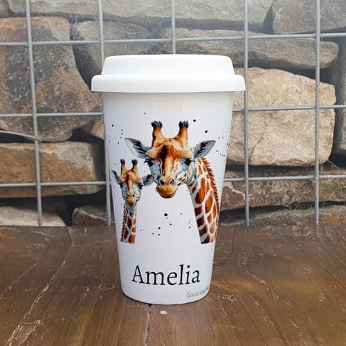 Personalised Giraffe Travel Mug, Gift for Safari Lover, Thank you present for Zoo Animal Lover, Hot Drinks Flask, Insulated Coffee Cup — view 5