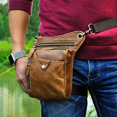 Le'aokuu Mens Genuine Leather Motorcycle Waist Pack Messenger Shoulder Drop Leg Bag 211-5 (211-5 Light Brown 3) — view 2