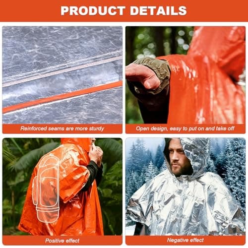 Wihozte Emergency Survival Poncho Foil Blanket Insulation Poncho for Outdoor Survival Family Car Events, 100×130cm Mylar Foil, Windproof Waterproof Insulated, Orange Silver, 2PCS — view 3