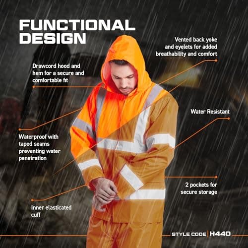 Portwest UH440 Mens Hi Vis Rain Jacket Waterproof Lightweight Reflective Safety Workwear Packable Hooded Vented Back Construction Roadwork Highway Rail, Orange, M — view 5