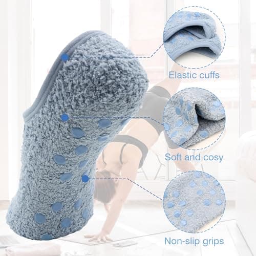 VEGCOO 5 Pairs Fluffy Slipper Socks Women, Non-slip Totes Slipper Socks UK 4-7 for House Floor Bed Sleeping Yoga(Black/Dark Grey/Dark Khaki/Dark Blue/Dark Pink) — view 5