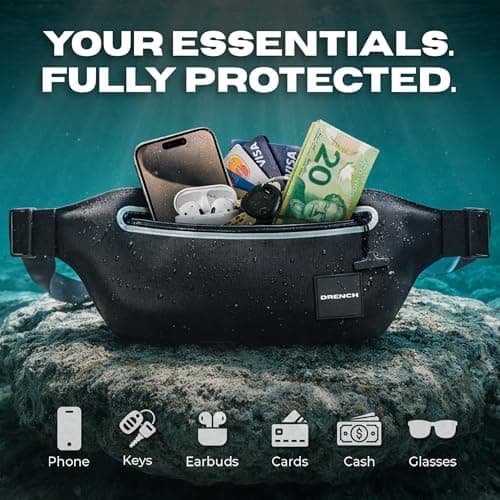 DRENCH 2 Pack 100% Waterproof Black Bum Bags | IPX8 Submersible Waist Bags for Swimming, Snorkelling & Beach Holidays | Waterproof Phone & Essentials Pouch for Travel, Boating & Water Activities — view 5