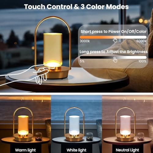 VIMAZ Cordless Table Lamp Rechargeable,Portable Metal Gold Table Lamps,4000mAH Crystal Lantern Table Lamp Touch Lamp,3 Color Stepless Dimming Battery Operated Lamp for Indoor Outdoor,Camping (Gold) — view 2