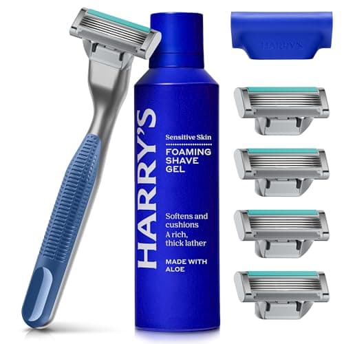 Harry's Plus Razor for Men - Starter Set - 1 Premium Handle with 5 Razor Refills, 60ml Foaming Shave Gel and Travel Blade Cover - Blue