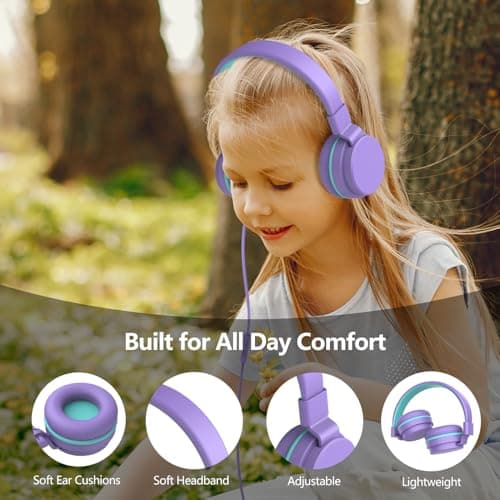 Kids Headphones Wired,On-Ear Wired Headphones for School,Safe Volume Limited 85/94dB,HD Mic Stereo Sound Girls Boys Wired Headphone for Kids,Foldable Headset for Travel Computer Plane Tablet (Purple) — view 6