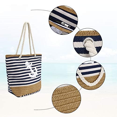 flintronic Women Beach Bag | Canvas Travel Tote Bag | Large Shoulder Bag with Rope Handle for Beach, Holiday, Shopping, Traveling (45cm*32cm*14cm) Anchor Pattern Design (Blue) — view 6