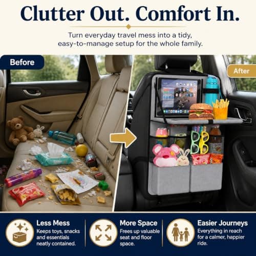 Purecas 2Pack Car Seat Organiser with Fold Down Tray&Tablet Holder (Black) — view 3