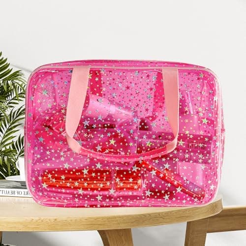 TotePrint Clear Star Print Cosmetic Bag, PVC Waterproof Travel Makeup Pouch,Large Clear Travel Toiletry Bag,30 x 13 x 21.6 cm(Pink) — view 2