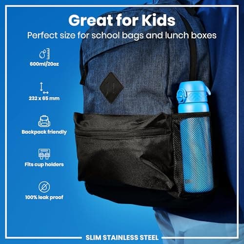 Ion8 Lightweight Steel Water Bottle, 600 ml/20 oz, Non-Insulated, Leak Proof, Easy to Open, Secure Lock, Dishwasher Safe, Flip Cover, Fits Cup Holders, Carry Handle, Metal Water Bottle, Blue — view 2
