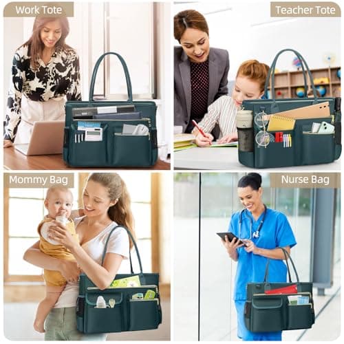 RAINSMORE Laptop Tote Bags for Women 15.6 inch Teacher Bag Large Nurse Utility Bag Computer Messenger Briefcase with Insulated Pocket for Work School Office Business University Dark Green — view 2