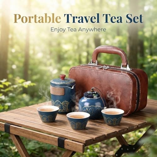 Complete Ceramic Travel Tea Set with Leather Case,Blue Chinese Tea Gift Set with Teapot, 3 Cups & Tea Caddy, Portable Tea Maker for Car, Camping, Office, Home Kitchen Daily Use and Family Tea Time​ — view 5