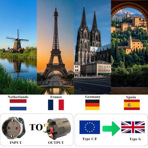 2 Pack EU to UK Plug Adapter, European to UK Plug Adaptor 2 Pin To 3 Pin Plug Adapter, European Adapter, Type C/E/F Europe Germany France Spain to British Type G, Black (Black) — view 2