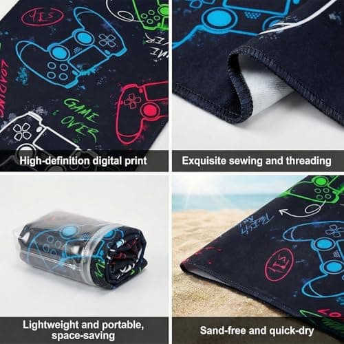 Vxcvzv 1 Piece Beach Towel Swimming Towels for Kids - Gaming Controller Design - Soft and Lightweight Blanket for Camping Showers Boys Bath Pool Camping Travel 75 x 150cm (Black) — view 5