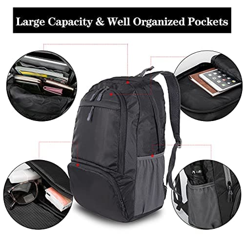 Dewellyoo Lightweight Hiking Backpack, Foldable Outdoor Camping Hiking Travel Multi-functional Camping Trekking Rucksack Travel Climbing Mountaineer Outdoor Sport Daypack Bag for Men Women (Black) — view 3