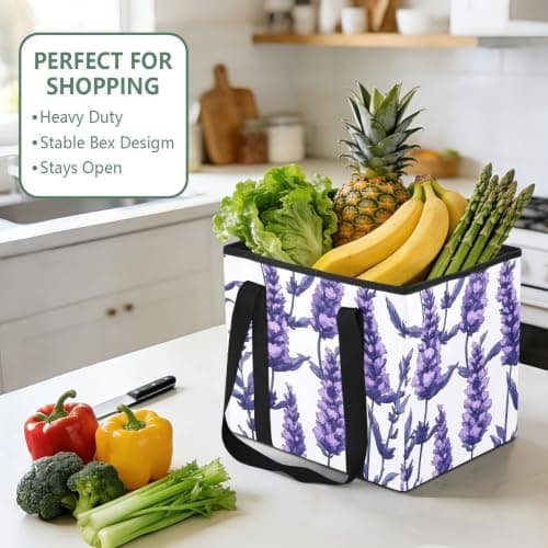 Car Trunk Organizer Grocery Bags Reusable Lavender Floral White Design Large Tote Bags Are Foldable with Long handles for Picnic Outings, Holiday Travel, 1 Pack — view 6