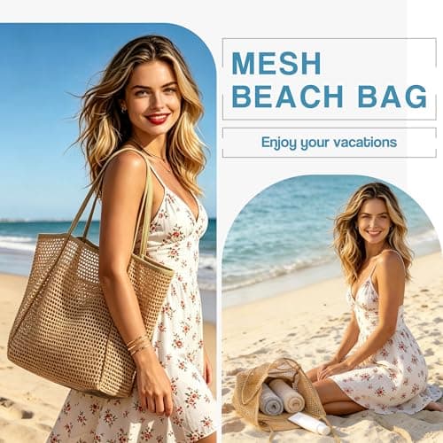 Poeruse Beach Mesh Tote Bag, Beach Bags for Women with Zip, 26L Mesh Handbags, Travel Shopping Handbag for Holiday (Brown) — view 6