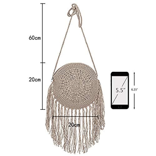 Millya Fringe Tassel Crossbody Shoulder Bag Straw Woven Handmade Boho Beach Travel Handbag for Women (03878 Grey) — view 4