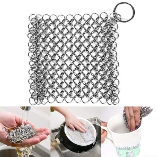 Stainless Steel Scrubber 10cm Cast Iron Cleaner Handmade Ring Chain Scrubber for Pans Non-Scratch Lightweight Metal Pot Cleaner for Camping Travel Use 10x10cm Stainless Steel Scourer for Baking Sheets — view 4