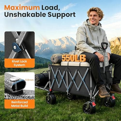 370L Festival Trolley on Wheels, Heavy Duty Folding Wagon, Portable Camping Cart Load up 550LB, Camping Trolley Foldable for Beach Outdoor Garden Shopping Fishing, Rear-Opening Design, Pure Black — view 3