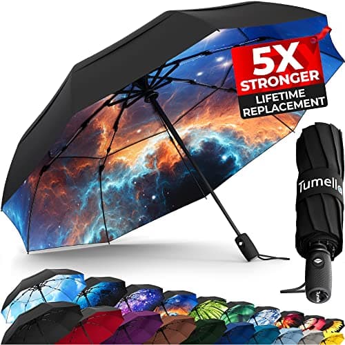 TUMELLA Strongest Windproof Travel Umbrella (Compact, Superior & Beautiful), Small Strong but Light Portable and Automatic Folding Rain Umbrella, Durable Premium Grip, Fits Car & Backpack Black Blue