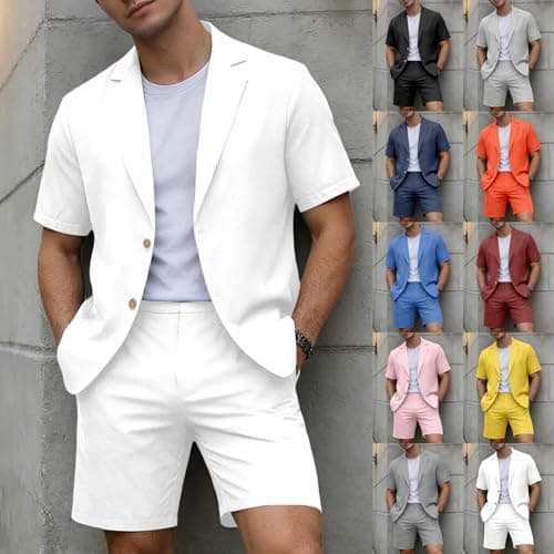 RUMAOZIA Men's Linen Summer Lightweight Suits Short Summer Shirt Set Figure-Shaping Travel Linen Suit Urban Breathable Expedition Oversize Short Sleeve Suit Beach Two Piece Leisure Suit, O Blue, L — view 2