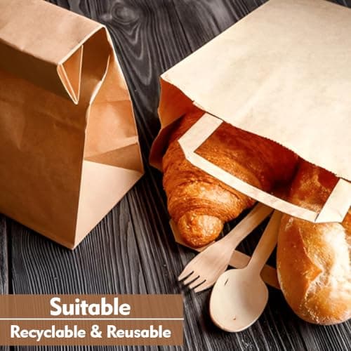 Tezraftaar® 100 x Paper Bags with Flat Handle 18cm x 23cm x 9cm (Small) Brown Kraft Carrier Bags for Carry Cloths Shopping Parties — view 4
