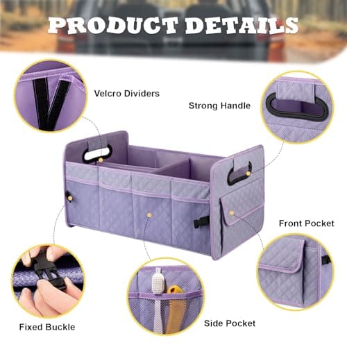 JiatuA Car Trunk Organizers and Storage for SUV, Collapsible Multi Compartment Container Box Adjustable Car Accessories for Women Men, Light Purple — view 3