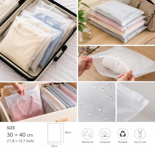 Reusable Ziplock Storage Bags for Travel, Waterproof Zip Organiser Bags for Clothes, Shoes, Cosmetics, Frosted Packing Pouches for Baby Essentials, 30pcs 30x40cm — view 3