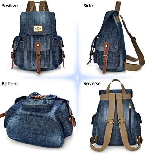 CHEREEKI Denim Backpack, Canvas Backpack for Work, Travel, School, 14 Inch Laptop, Large Retro Backpack for Women, Men, Blue, Blue, Taille unique, Retro — view 4