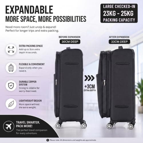 DK Luggage Ultra Lightweight Only 3.3kg Large 28 Inch Soft Shell Suitcase, 4 Wheel Spinner Checked Luggage 23kg–27kg Capacity, Expandable Travel Case (WLS Black, Large) — view 4