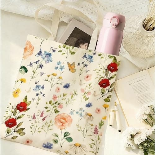 Crilemonis Floral Canvas Tote Bag for Women, Reusable Washable Foldable Shopping Bag with Double-Sided Flower Print, Lightweight Shoulder Bag for Travel, Work, Grocery, Beach and Daily Use — view 3