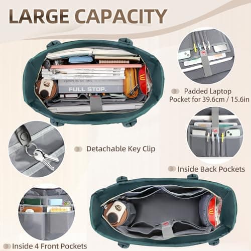 RAINSMORE Laptop Tote Bags for Women 15.6 inch Teacher Bag Large Nurse Utility Bag Computer Messenger Briefcase with Insulated Pocket for Work School Office Business University Dark Green — view 3