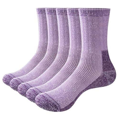 YUEDGE Women's Merino Wool Blend Hiking Socks, Cushioned Anti Blister Walking Socks, Cozy Thermal Warm Winter Boot Socks, Size 4-7, 5 Pairs