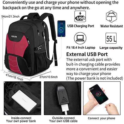 Extra Large Backpack for Women 55L,18.4Inch Travel Laptop Rucksack with USB Charging Port Business Flight Approved Carry On Backpack,TSA Big Capacity Heavy Duty Computer Bag College School Bookbag,Red — view 2