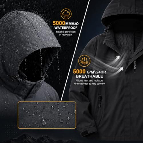 NWDEY Mens Waterproof Jacket with Hood, Lightweight Packaway Rain Coat Breathable Windbreaker, Waterproof Raincoat for Outdoor Hiking Cycling Golf Travel (UK, Alpha, L, Regular, Regular, Black) — view 4