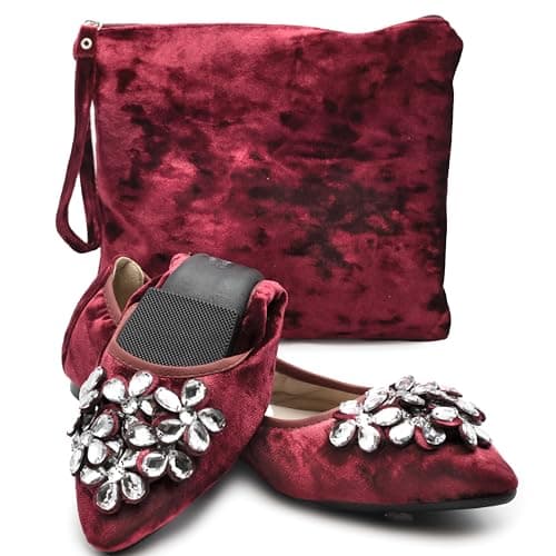Silky Toes Foldable Flats for Women Dressy Ballet Shoes for Purse, Burgundy Velvet, 7 UK