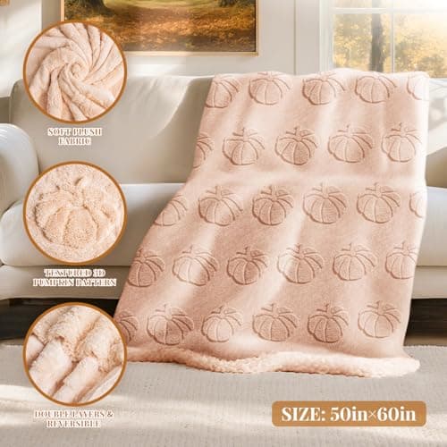 Lanpn Fall Fur Throw Blanket, 530GSM Sherpa Fleece Throws for Couch Sofa, Soft Fluffy 3D Pumpkin Blankets, Autumn Plush Cozy Blanket, Thanksgiving Home Bed Living Room Decor Gift, 130x150, Beige — view 2