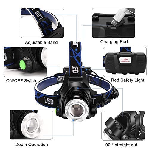 Super Bright Headlamp, USB Rechargeable Led Head Lamp, IPX4 Zoomable Waterproof Headlight with 4 Modes and Adjustable Headband, Hard Hat Light Perfect for Camping, Hiking, Outdoors, Hunting, Running — view 2