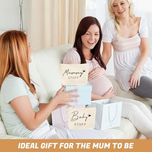 Mum to Be Gifts, 2 Pcs White Canvas Makeup Bags with Zipper & Handle, New Mum Gifts for Pregnancy Essentials, Baby Shower Bag for Women, Toiletry Pouch for Maternity Travel — view 3